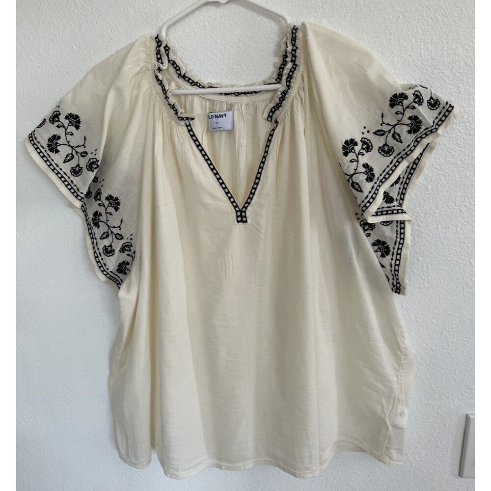 Old Navy Embroidered Split Neck Boho Peasant Top Cream White Sz 2X